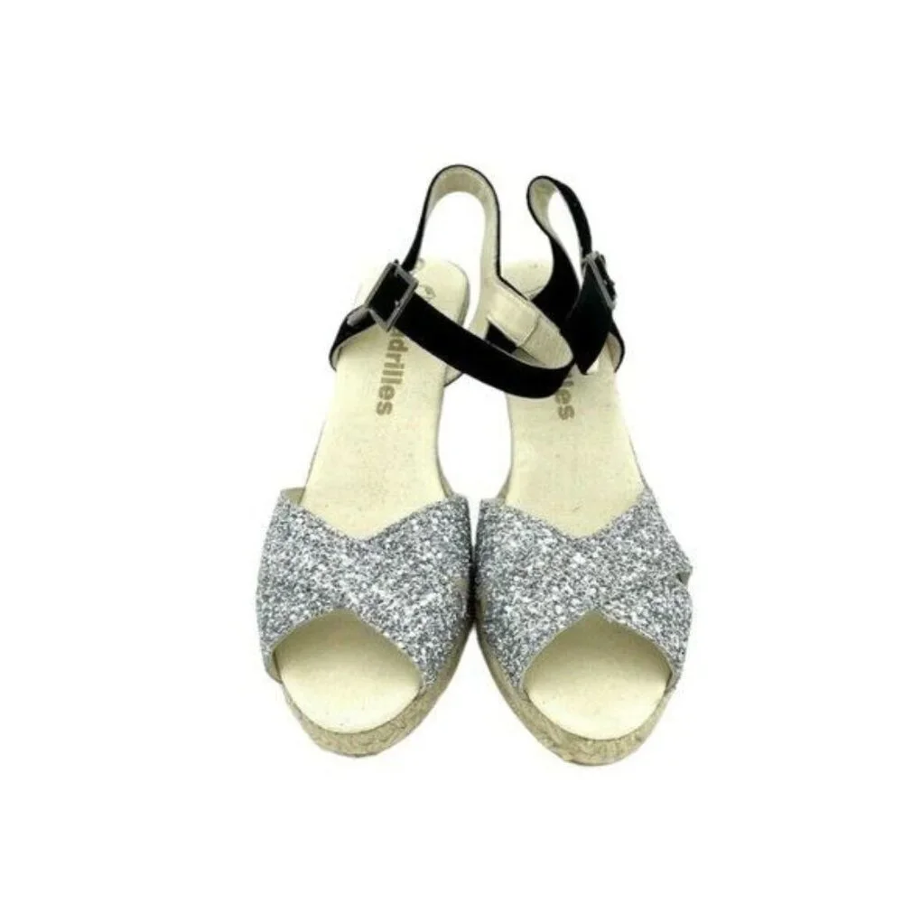ESPADRILLES Boem Wedge Sandals Silver Glitter Black Suede Sz 42 US 11.5 US NIB